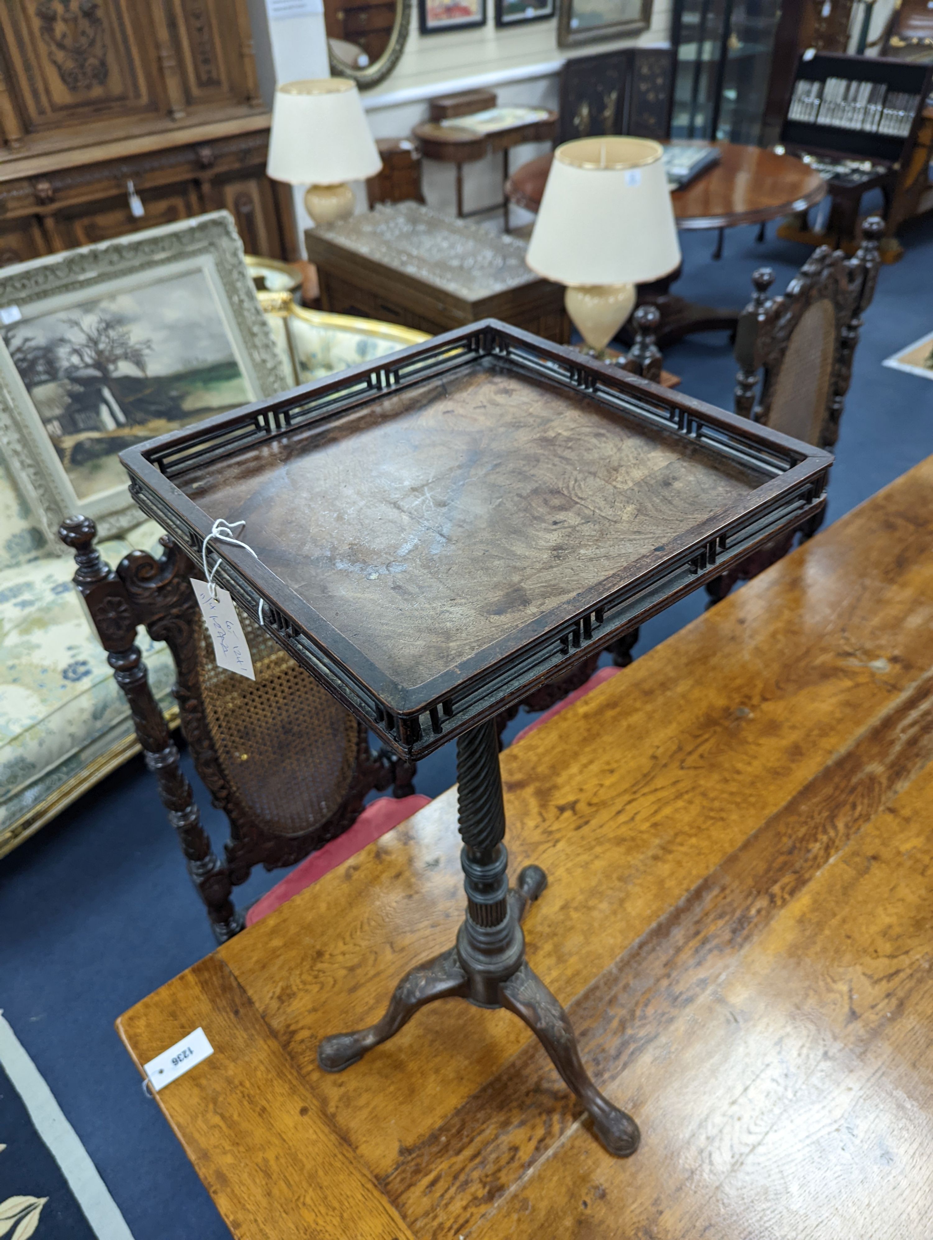 A George III style galleried mahogany tripod wine table incorporating old timber, width 34cm, height 76cm
